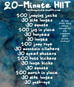 the 20 minute hiit workout is shown in blue and white