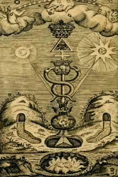 an image of a drawing with many symbols in the center and clouds above it, as well as other things