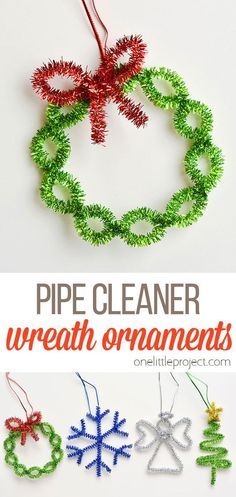 pipe cleaner wreath ornaments with text overlay that says pipe cleaner wreath ornaments