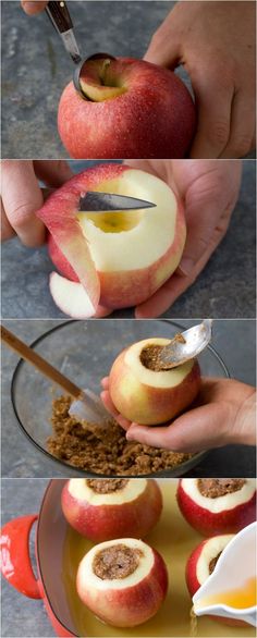 the process to cut apples is shown in three different stages, including being peeled and sliced