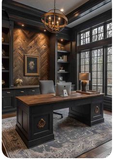 an office with dark wood walls and black furniture, along with a chandelier hanging from the ceiling