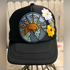 I Have Over 50 Different Designed, Snapback, Multi Patch Trucker Hats, All Handmade By Me! This One Is A Boho Outdoorsy Themed Cap! La Dodgers Hat, Dodger Hats, Canvas Hat, Black Bucket Hat, Raffia Hat, Painted Hats, Floppy Sun Hats, Black Bucket, Pink Beanies