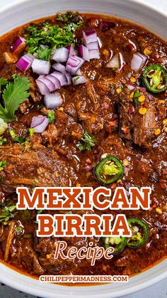 We’re cooking up a flavorful Mexican meat stew in the Chili Pepper Madness kitchen, my friends. It’s called Birria, and you’re going to want to make this right away. This birria recipe is an iconic meat stew from the Mexican state of Jalisco of lamb, goat or beef cooked low and slow in a seasoned chili sauce. Serve it in a bowl or as birria tacos. Mexican Birria Recipe, Mexican Birria, Beef Birria Recipe, Birria Recipe, Crockpot Healthy, Resep Salad, Mexican Cooking, Hispanic Food, Mexican Food Recipes Easy