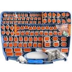 a blue and orange keyboard with lots of screws in it's tray on a white background