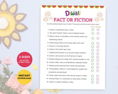 a printable diwali fact or fiction checklist next to pink flowers on a blue background