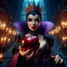 the evil queen is holding an apple in her hand