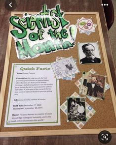 a bulletin board with pictures and magnets on it that says, the science of the world