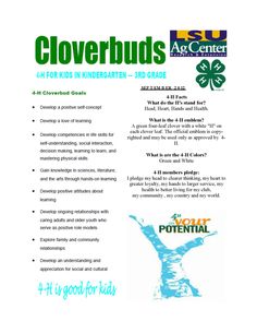 the flyer for cloverbuds is shown in green and blue, with an image of a