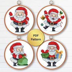 four cross stitch christmas ornament designs with santa claus holding presents and gift bags