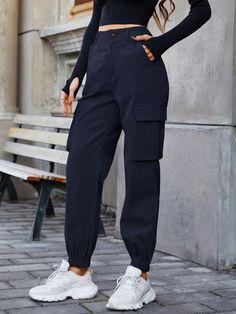 Navy Blue Casual Collar  Fabric Plain Cargo Pants Embellished Non-Stretch Spring/Summer/Fall Women Clothing Pocket Cargo Pants, Casual Cargo Pants, Streetwear Pants, Cargo Pants Outfit, Trendy Denim, Black Cargo, Style Noir, Casual Design