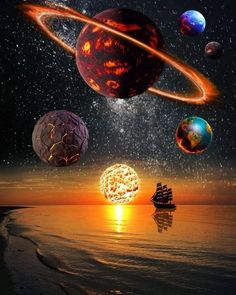 an artist's rendering of planets floating in the sky with their reflection on the water