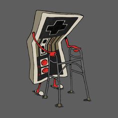 The drawing is of an aged game controller with a walking frame, indicating old age. It has red arms and legs and the classic button and directional pad features of a controller. Gaming Collection, Walking Frame, Nintendo Controller, T Shirt Logo Design, Gaming Tees, Gamer Pics, Shirt Logo Design, Gaming Tattoo, Gamer T Shirt