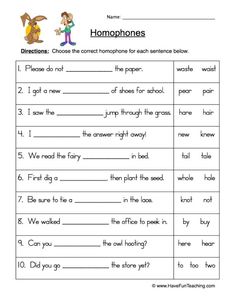 Homophone Worksheets - Have Fun Teaching Homophones Sentences, Homophones Activity, Homophones Worksheets, Worksheets For Grade 3, Have Fun Teaching, English Grammar Worksheets, 2nd Grade Worksheets, English Worksheets For Kids, Grammar Worksheets