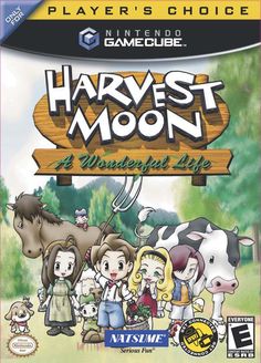 the game cover for harvest moon, featuring an image of farm animals and farmer's family