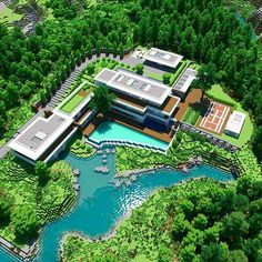 an aerial view of a house in the middle of a forest with a river running through it