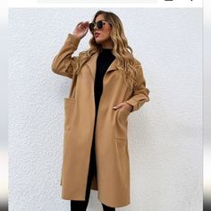 Tan Color Plus Size Overcoat. No Buttons Or Zipper. Lightweight Material. New, Never Worn. 4xl Or 18-20 In Size. Long Tan Peacoat Outfit, Tan Long Coat, Tan Trench Coat Outfit Plus Size, Tan Duster Coat, Long Single-breasted Khaki Outerwear, Tan Trench Coat, Tan Color, Trench Coat, Jackets For Women