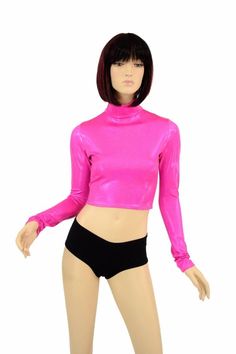 Long Sleeve Neon Pink Holographic Turtle Neck Crop Top Rave Festival Clubwear Bubblegum Cotton Candy Long Sleeve High Stretch Crop Top For Party, High Stretch Long Sleeve Crop Top For Party, Fitted Turtleneck Top For Party, Pink Stretch Long Sleeve Crop Top, Pink Long Sleeve Stretch Crop Top, Pink Long Sleeve Top For Club, Fitted Long Sleeve Rave Top, Metallic Fitted Long Sleeve Tops, Pink Fitted Crop Top For Club