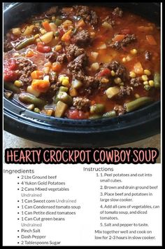 Hearty Crockpot Cowboy Soup, Cowboy Crockpot, Crockpot Cowboy Soup, Cowboy Soup, Healthy Crockpot Soup, Crockpot Soup, Beef Soup Recipes