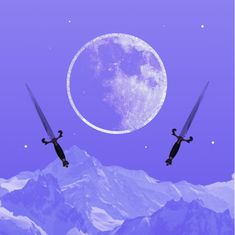 two swords flying in front of a full moon and snowy mountain range with snow capped mountains