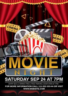 a movie night flyer with popcorn, movies and clapsticks on the stage in front of red curtains