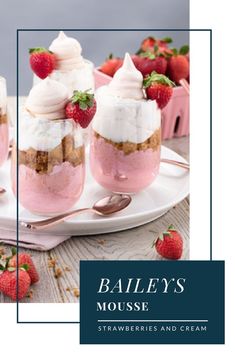 three desserts with strawberries and cream in them