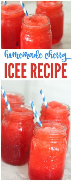 homemade cherry ice recipe in mason jars with blue and white striped straws on top