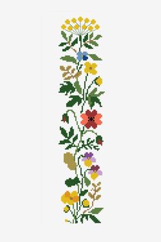 a cross stitch pattern with flowers and leaves on the bottom half of it, as well as an arrow