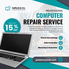 a computer repair flyer with an image of a man working on his laptop and the text, professional computer repair service 15 % off