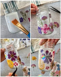 the process of painting glass jars with flowers and paintbrushes is shown in four pictures