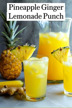 pineapple ginger lemonade punch is served in glasses