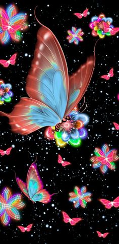 colorful butterflies flying through the night sky