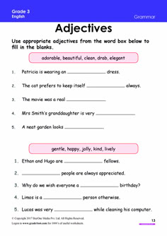 the worksheet for an adjective to describe what is in front of it