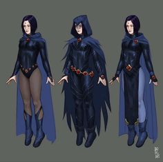 three different views of a woman in black and blue costume with red buttons on her chest