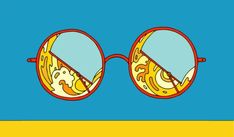 a pair of glasses on top of a blue and yellow background