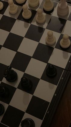 a black and white chess board with the pieces on it's side facing each other