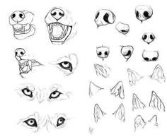 various types of eyes and mouths drawn in pencil