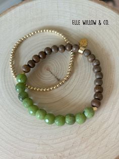 Grey wood, jade and gold-filled stack. This earthy green jade beauty is perfect for the outdoor lovers! Visit Etsy or IG for many more styles or to place your custom order! Earthy Green, Outdoor Lover, Gold Wood, Green Jade, Jade Green