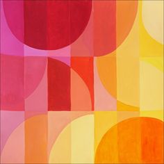 an abstract painting with circles and lines in red, yellow, pink, orange and white