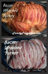 bacon wrapped turkey and bacon wrapped turkey are shown in two separate images, one is labeled bacon wrapped turkey and the other contains bacon wrapped turkey