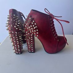 Perfect Condition, Brand New, Never Worn. Size 7m Make Me An Offer! Red Spiked Heels For Party, Red Lace-up Platform Heels, Casual Spiked High Heels, Casual Burgundy Party Heels, Red Lace-up Heels With Red Sole, Trendy Red Lace-up Heels, Red Lace-up Trendy Heels, Red Lace-up Heels For Night Out, Crazy Girls