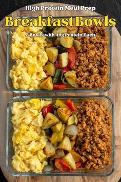 two glass containers filled with breakfast bowls on top of a wooden cutting board next to each other