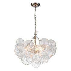 a chandelier hanging from the ceiling with glass petals on it's chain