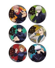 four anime buttons with characters on them