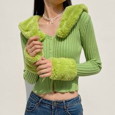 FREE SHIPPING ON ALL ORDERS OVER $50 | 100% SATISFACTION GUARANTEED Click "ADD TO CART" To Get Yours Now | Up To 60% OFF ✨ Make a bold statement with this fashionable Woman Cardigan Sweaters With Fur Trim Collar Women Cropped Sweater﻿Woman Cardigan Sweaters With Fur Trim Collar Women Cropped Sweater from Arimonz. Designed to fit perfectly on any casual outing. Made of soft knitted fabric, it offers both warmth and comfort. It has a loose-fitting design you can match it with your favorite jeans, Goblin Forest, Mina Le, Outfit Con Jeans, Woman Cardigan, Funky Pants, Cardigan Y2k, The Winx Club, Fur Cardigan, Knitting Fashion