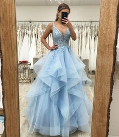 Blue Lace Prom Dress, Prom Dress With Lace, Formal Wedding Guests, Princess Prom Dresses, Long Prom Gowns, Blue Evening Dresses, A Line Prom Dresses, Chapel Train, Satin Prom Dress