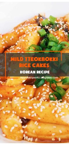 a close up of a plate of food with sesame seeds on it and the words mid tekorokki rice cakes