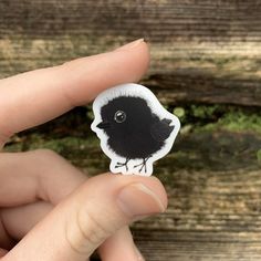 a small black bird sitting on top of a person's finger next to a piece of wood