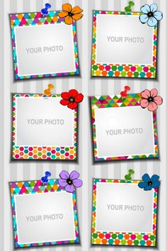 four colorful frames with flowers and polka dots on the bottom one is blank for text