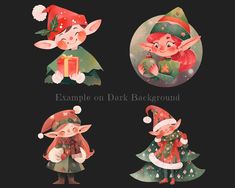 four cartoon christmas elves with presents in their hands