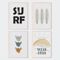 four square prints with the words surf, stay wild and ocean child